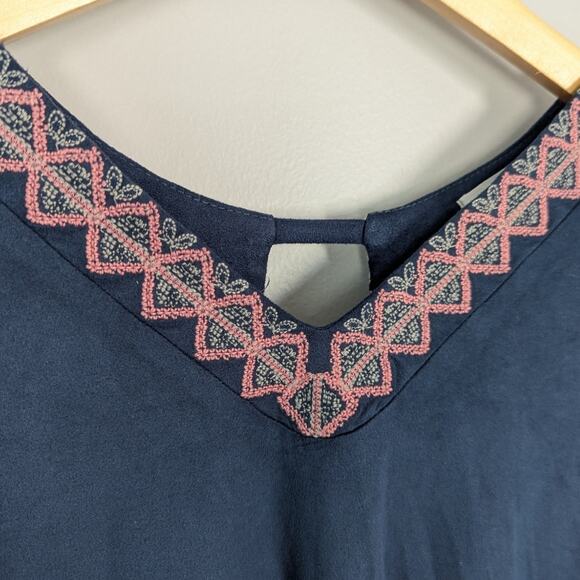 THML Women's Pink Embroidered Navy Tunic Mini Dress Bell Sleeve size MP - Picture 3 of 6